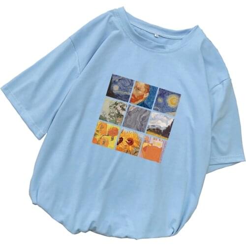 Van Gogh Oil Painting Print T Shirt Women Summer New Short Sleeve Harajuku Casual Kawaii Funny Loose Tee Shirt Femme Korean Tops