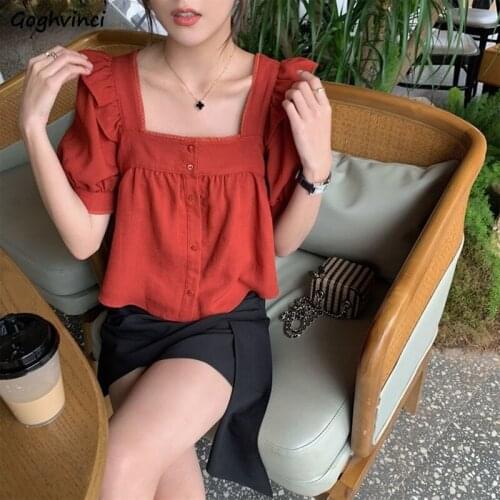 Shirt Women Simple Square Collar Single Breasted Lovely Vintage Short Puff Sleeve Leisure Fashion Loose Cozy Summer Preppy Ins