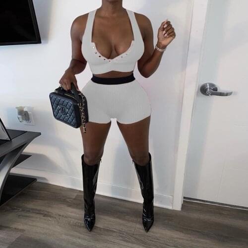 Ribbed Fitness Sexy Matching Set Women 2021 Bandage Sexy Buttons Up Deep V Neck Sleeveless Tank Top Sheath Biker Short Tracksuit