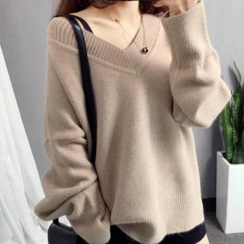 Knitted Sweater Women 2021 Autumn and Winter Tops Korean Loose Pullover V-neck Bottoming Sweater Long Sleeve Oversize 16323