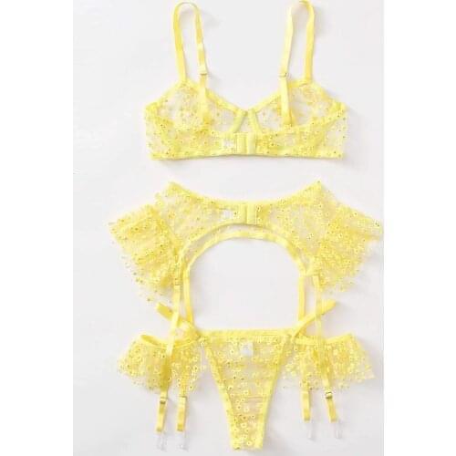 Underwear Women 2021 Yellow Underwire Bra Embroidery Thong Temptation Underwear Garter Belt Sleepwear Ladies Lingerie Bra