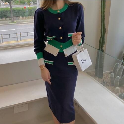 ZUOMAN New 2 Pieces Set WomenWinter Color Block Cardigan And High Waist Sheath Pencil Skirts Korean Chic Office Lady Suit