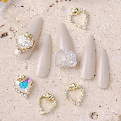 10pcs/lot 3D Love Heart Frame Alloy Crystals Nail Art Rhinestones Pearl Zircon Decorations DIY Nails Accessories Supplies Charms