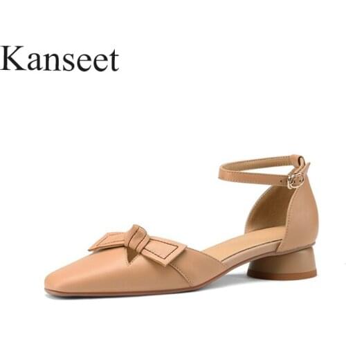 Kanseet High Quality Comfort Mid Heels Sandals Women Summer New 2021 Genuine Leather Soft Women Shoe Butterfly-Knot Women Sandal