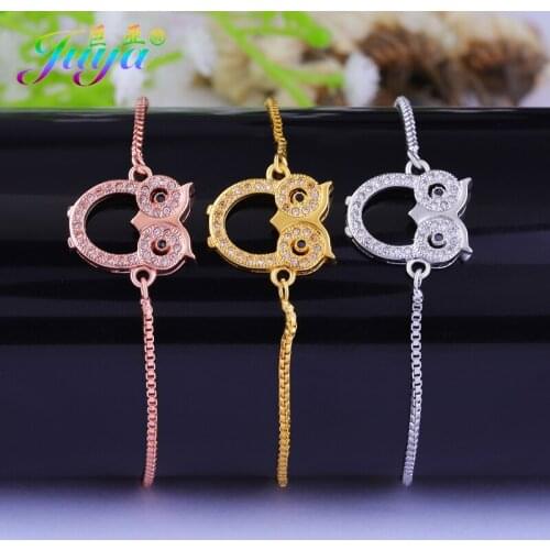 Handmade Micro Pave Zircon Cute Owl Charm Bracelet For Women Girls Kids Gold//Rose Gold Adjustable Chains Connect Bracelet