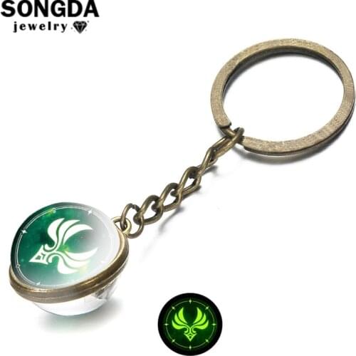 Genshin Impact Keychains Eye of God Pattern Double-sided Glass Bead Glow Luminous Key Ring Key Holder Bag Pendant Men Women Gift