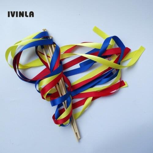 Hot selling 50pcs/lot Red Yellow Blue ribbon stick with gold bell for wedding decoration