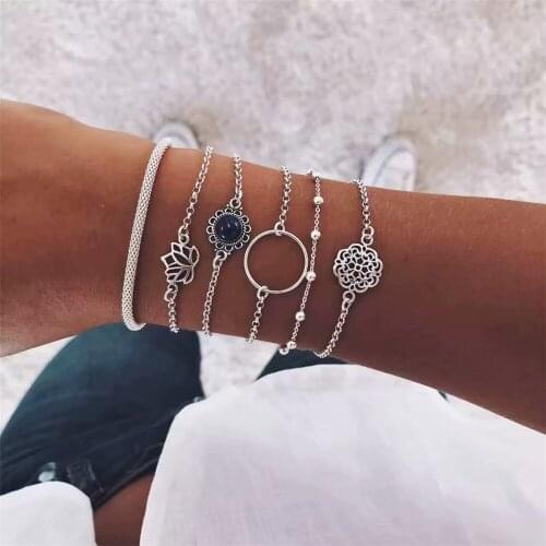HOCOLE Fashion Link Chain Bracelets For Women Vintage Circle Bead Silver Color Metal Bracelet Sets Wedding Party Jewelry Gifts