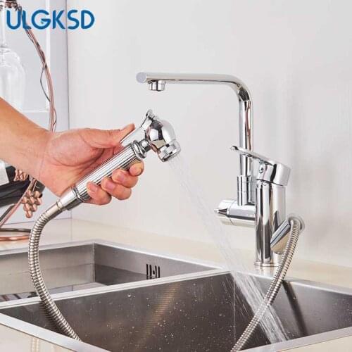 ULGKSD Chrome Kitchen Faucets Pull Out Spray Kitchen Faucet Hot Cold Water Kitchen Mixer Tap Rotate Spout Bathroom Basin Faucets
