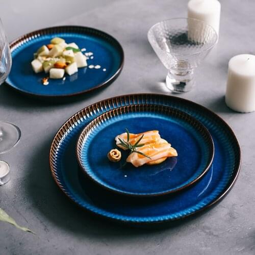 LUOKING Creative Nordic Ceramic Plate Blue Striped Household Dish Western Plate Italian Pasta Dish Steak Plate pottery tableware