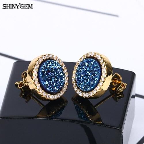 Trendy 10mm Micro Inlay Zircon Sparkly Natural Quartz Druzy Stone Stud Earring Rhinestone Golden Plated For Women Jewelry Gift