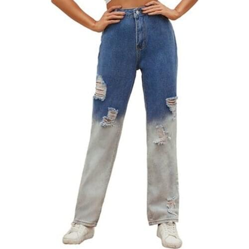 Fashion High Waist Water Washed Perforated Jeans Distressed Jeans for Women