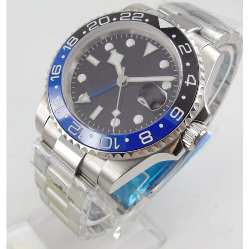 40MM Black Sterile Dial Sapphire Glass GMT Date Glass Case Back Ceramic Bezel Automatic Mens Wristwatch
