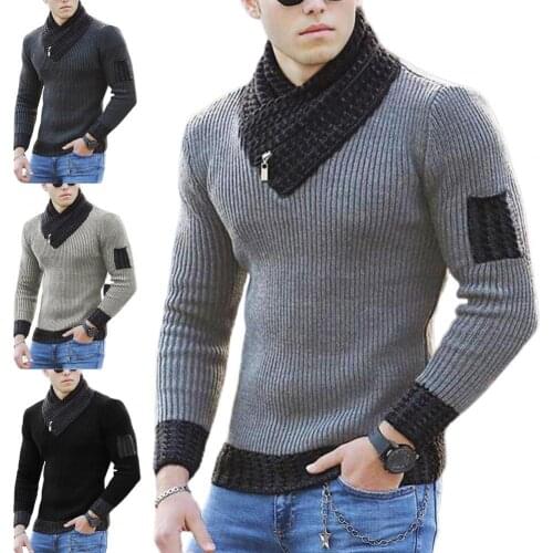 Men Knitted Sweater 2021 Long Sleeve Scarf Collar Men Sweater Soft Color Block Color Block Casual Sweater Streetwear