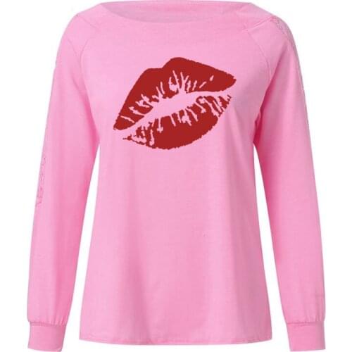 Kiss Marks Print Female T Shirt Funny Teeshirt Women Clothing Casual Long Sleeve Large Size Loose Lace Tops Tee