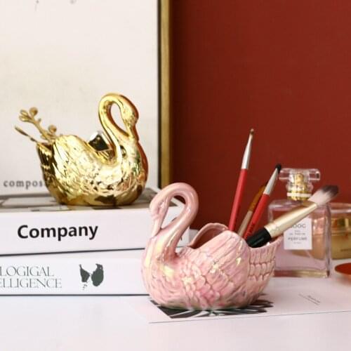 Luxury Ceramic Swan Jewelry Box Makeup Tube Organizer Beauty Tools Storage Makeup Brush Pen Holder Desktop Decorative Ornaments