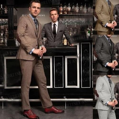 Vintage Tweed Suit Men Slim Fit Grey Wedding Groom Suit Tuxedo Blazer Vest Pants 3 Pieces Tailored Business Dress Suits For Men