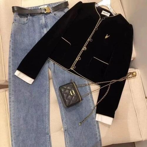 Womens Spring Jacket Cardigan Short Top SL Clothes 2021 Autumn New Gold Inlaid Velvet Color Matching Coat