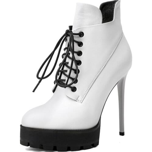 Genuine leather women boots Female boots lace-up 13cm High heels black white fashion Autumn winter Women shoes Size 34-42