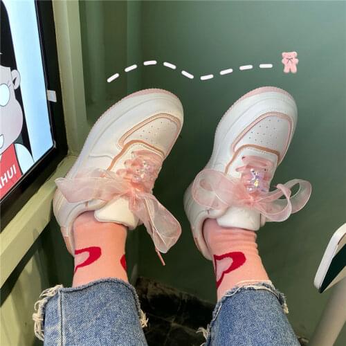 2021 Kawaii Womens Sneakers Pink Bear Ribbon Lace Up Zapatillas Mujer autumn Lolita Shoes Casual Patchwork Vulcanize Shoes