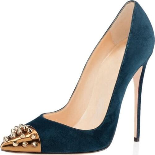 Talon Femme Sexy New Sexy Women Shoes High Heels Dress Pumps Ladies Pointed Toe Rivet Elegant Work Blue Pumps D033A