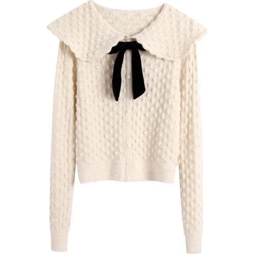 Womens Sweater Za 2020 Winter Bow Tie Elegant Sweaters Solid Beige Long Sleeve Ruffles Cotton Slim Pullovers Female Autumn Tops