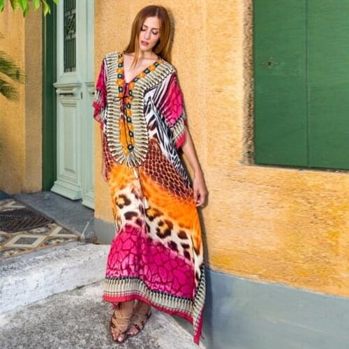 Orange Lace Up V-neck Kaftan Floor Length Wild Women Freedom Loose Relaxed Silhouette Animal Print Leopart Pattern Caftan Pajama