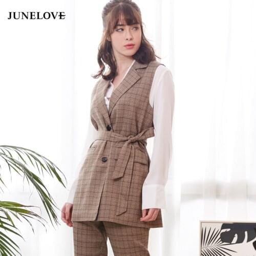 JuneLove 2020 Spring Vintage Plaid Blazer Women Casual Sleeveless Pockets OL Coat Waistcoat Female Single Breasted Vest Outwears