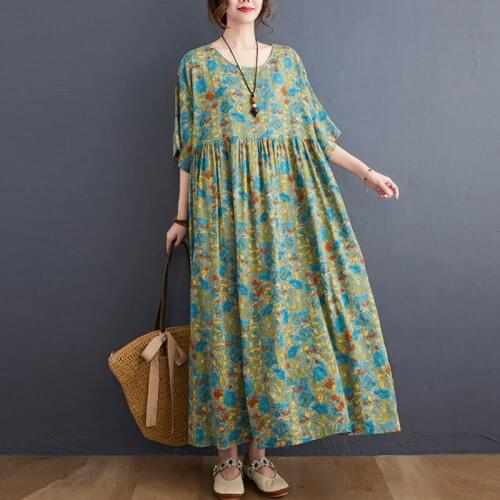 2021 Summer New Style Boho Dress For Women Plus Size One Piece Cotton Linen Maxi Long Dress Woman Loose Floral Print Dress Robe