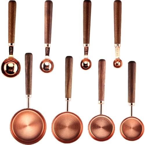 8pcs Stainless Steel Nesting Measuring Cup Set Dual Scale Unit with Walnut Handle for Cooking