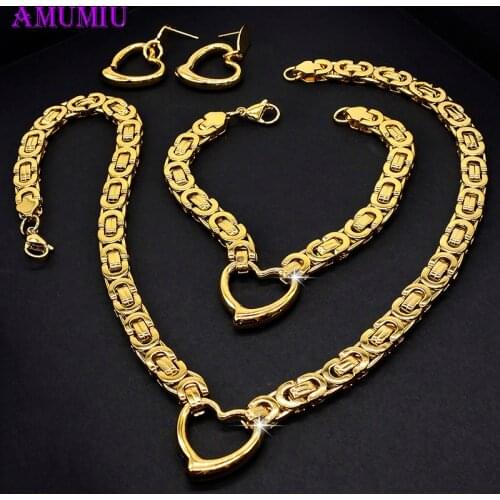 AMUMIU Men Women Jewelry Set Gold Color Hip Hop Trendy Chunky Big Byzantine Link Chain Necklace Bracelet Earrings JS002