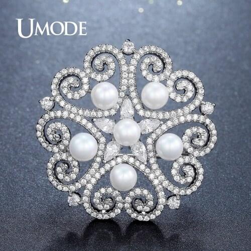 UMODE Fashion Pearl Brooches Jewelry for Women Fashion Large Rhinestone Crystal Love Heart Shape Flower Brooch Pin Collar UX0005