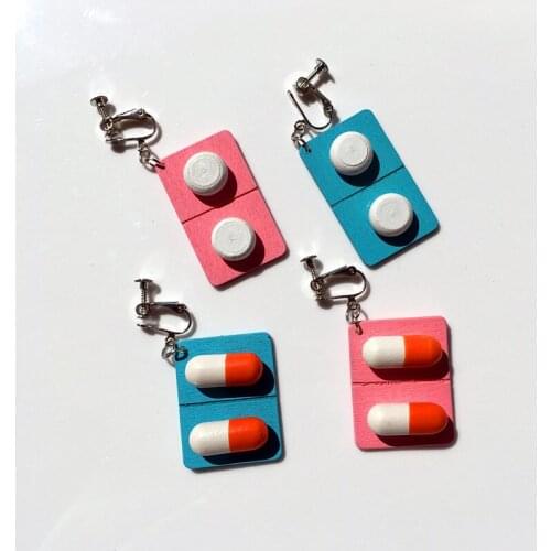 BUDROVKY 2020 New Fashion Cute Girl Heart Wooden Capsule Pill Funny Fun Exaggerated Ear Hook Ear Clip Jewelry earrings