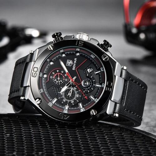 BENYAR MEN Sports Watches Top Brand 30M Waterproof Chronograph Watch for Men Leather Fashion Military Wristwatch reloj hombre