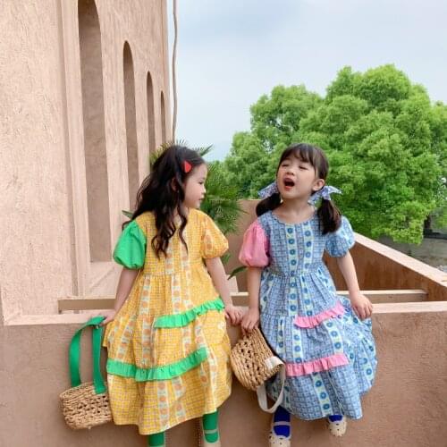 Childrens Dress 2021 Summer Girl Korean Contrast Stitching Sleeve Pleated Dress Children Floral Dress Kids Print Loose Dress