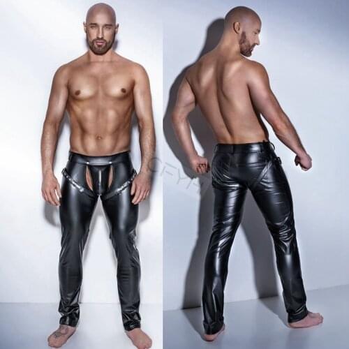 Fashion Sexy Mens Clubwear Leather Skinny Tight Pants PU Leather Trousers Elastic Pants Personlized Crotch Bandage Slim Tight