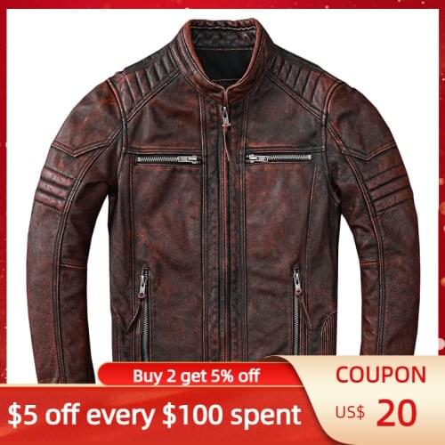 2021 Vintage Brown Motorcycle Style Genuine Leather Jacket Men Plus Size 4XL Real Natural Cowhide Slim Fit Bikers Coat