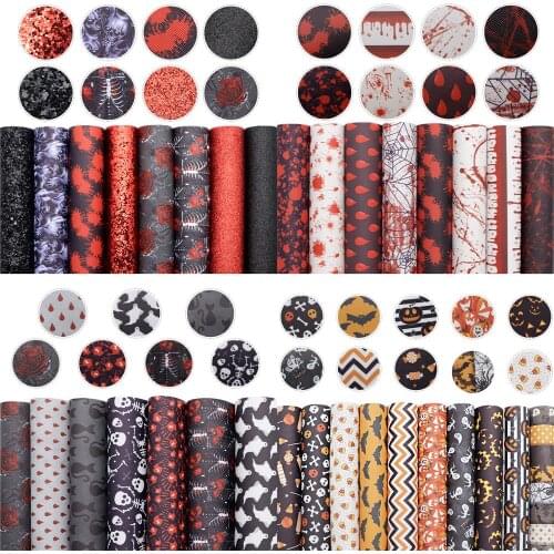Halloween Theme Synthetic Leather Set Blood Skull Printed Glitter Faux Leather Fabric Sheets 20x33cm for DIY Earrings Handbags