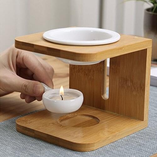 Bamboo Essential Oil Burner Set Wax Melt Holder with Tealight Spoon Incense Holder Air Fresh Decorations for Home