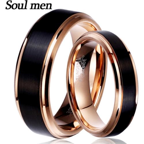 Soul Men 1 Pair Man & Woman Black & Rose Gold Color Tungsten Carbide Marriage Wedding Rings Set 8mm for Boy 6mm for Girl