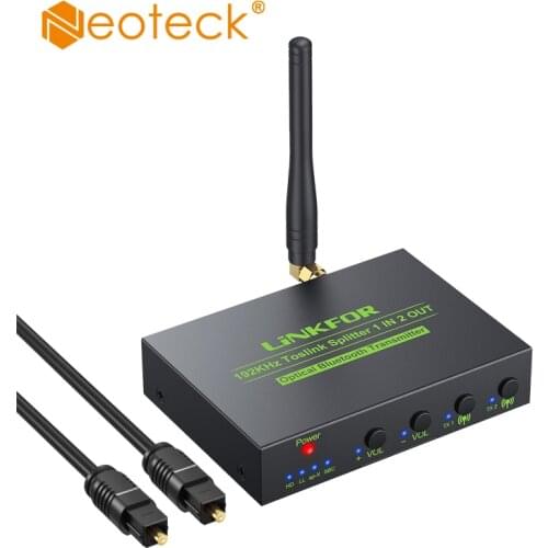 Neoteck 192kHz 1 IN 2 OUT Optical Splitter with Bluetooth 5.0 Audio Transmitter Support AptX HD Audio Format Wireless Adapter