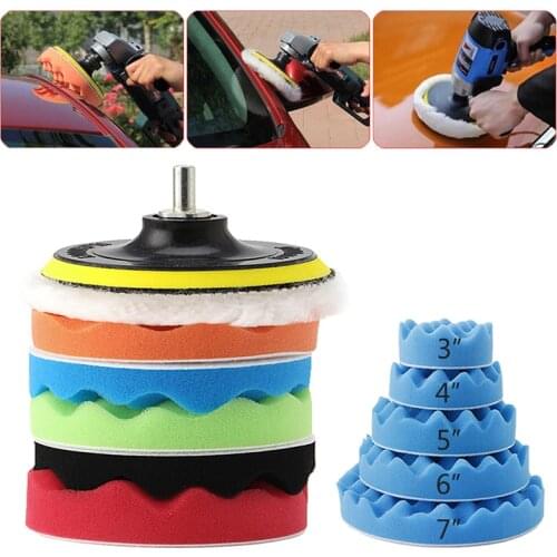 652F New 7Pc 3/4/5/6/7'' Car Polisher Polishing Waxing Buffing Woolen&Sponge Pads Kit