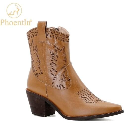 Phoentin Womens Embroidered Western Boots 2020 short cowboy boots Pointed Toe Genuine Leather Ankle Boot Black Brown FT1213