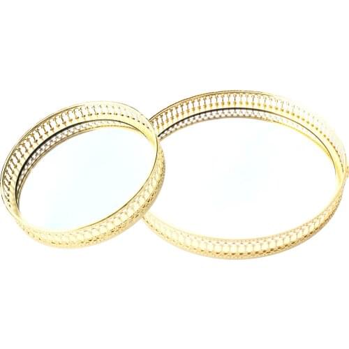 Perfume Jewelry Tray Mirror Tray Vanity Decorative Tray with Round Gold Metal for Dresser Bathroom Bedroom Countertop Organizer