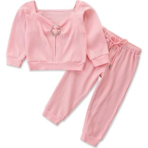 2021 1-6Y Kids Baby Girl Clothing Crystal Metal Ring Pink Solid V Neck Long Sleeve Top+Pants Fashion Fall 2pcs Outfits Set