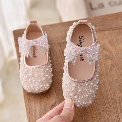 2021 New Girls Single Princess Shoes Pearl Shallow Childrens Flat Shose Kid Baby Bowknot Shoes 2021 Spring Autumn B207
