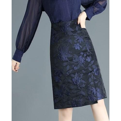 Spring Fall Office Ladies Woman Dobby Floral Placket Knee Length Skirt , Autumn Summer Womens Female High Waisted 4xl Skirts