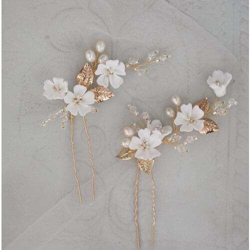 SLBRIDAL Handmade Ceram Flower Freshwater Pearls Bridal Hair Pin Wedding Hair Sticker Women Bridesmaids Jewelry Hair Accessories