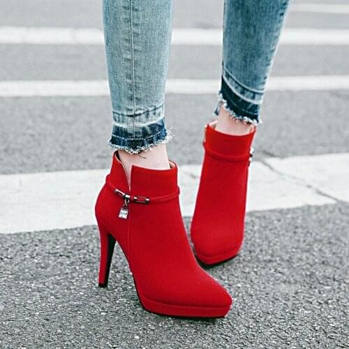 Womens Boots winter new style fashion Flock Crystal Pointed zipper Fine heel High heel Short tube Womens shoe plus size 34-43