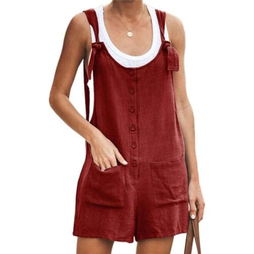 Newest Arrival Women Solid Color Playsuit Sleeveless U-shaped Collar Button Open Front Overalls Casual Summer Fashion Playsuits